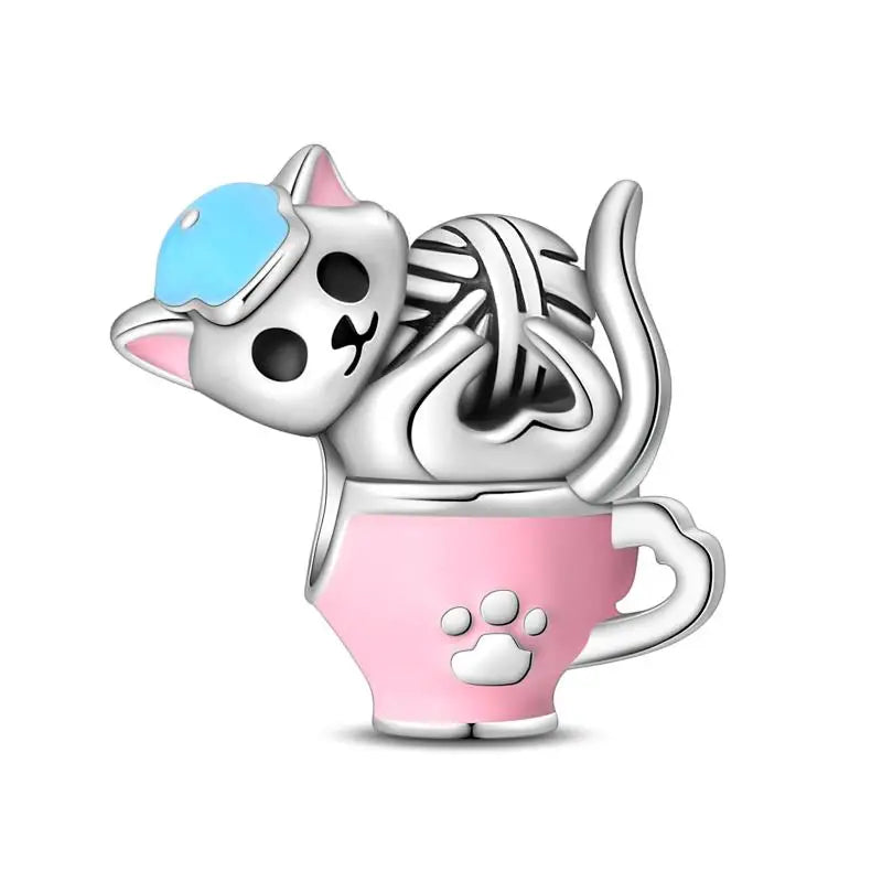 Charm Mascotas y Animales en Plata 925 – Gatito, Perrito y Oveja con Circonitas de Colores | Compatible Pulsera Pandora