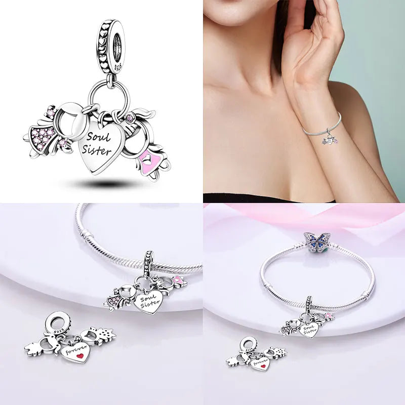 Charm hermana corazón en plata 925 – Compatible Pandora y pulseras 3mm, joyería DIY mujer