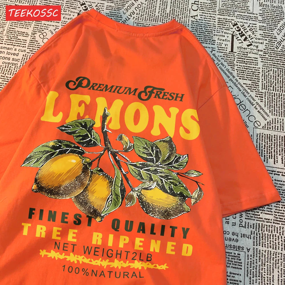 Camiseta Oversize Mujer Verano | Algodón Estampado Limones y Cerezas Casual