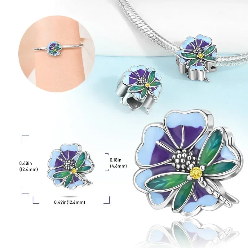 Charm Plata S925 Mariposa Libélula Flores con Gemas | Compatible Pulsera Pandora