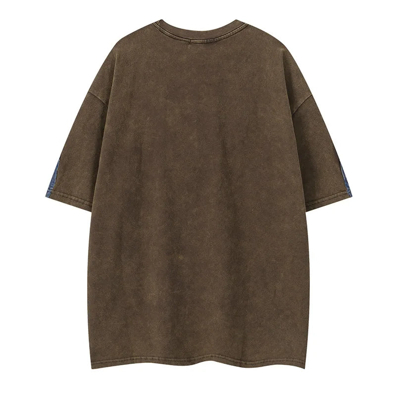 Camiseta Oversize Hombre Hi Street | T-Shirt Estampada con Parches Denim Hip Hop Streetwear 2025