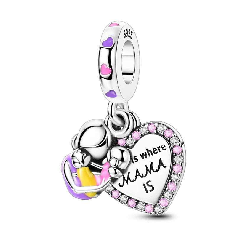 Charm Plata 925 Día de la Madre | Dije Corazón Rosa Love Mom Compatible Pandora Pulsera Collar Mujer