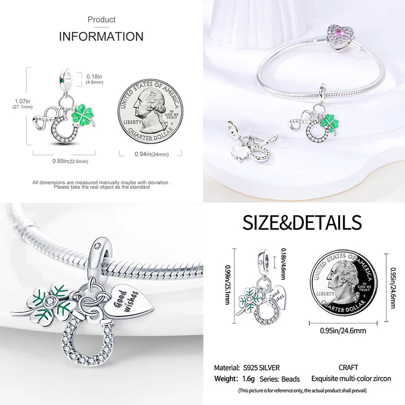 Charm de Plata S925 Mariquita de Siete Puntos y Trébol de la Suerte – Abalorio Colorido y Brillante para Pulseras Originales