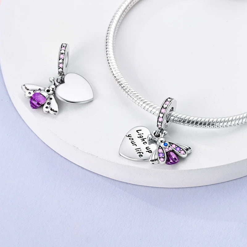 Charm de Plata 925 Luciérnaga y Mariposa Luminoso – Abalorio Brillante para Pulseras Originales