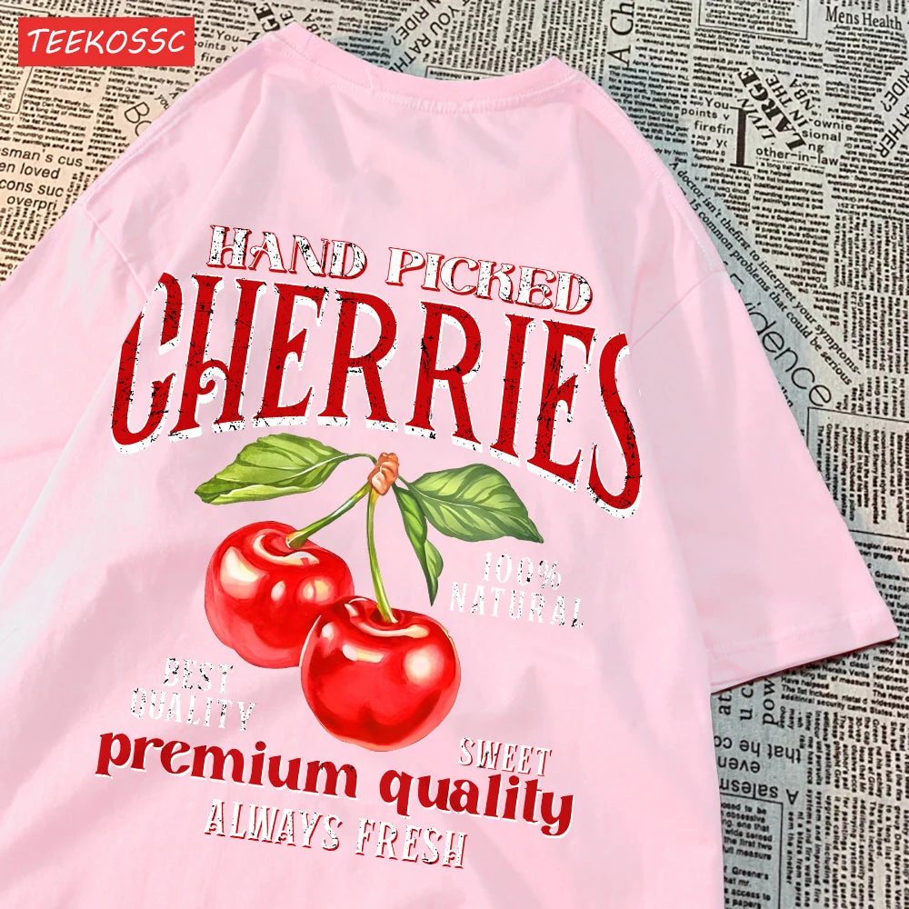 Camiseta Oversize Mujer Verano | Algodón Estampado Limones y Cerezas Casual