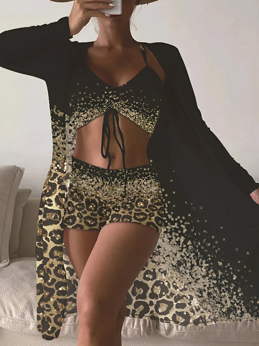 Bikini Mujer 2025 | 3 Piezas Alta Cintura Estampado con Kimono Playa