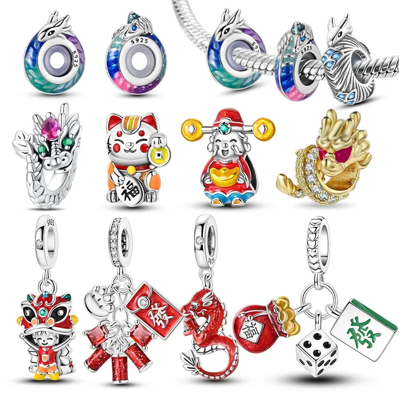 Charm dragón chino y gato en plata 925 – Abalorio clásico para pulsera tipo Pandora, joyería DIY elegante para mujer