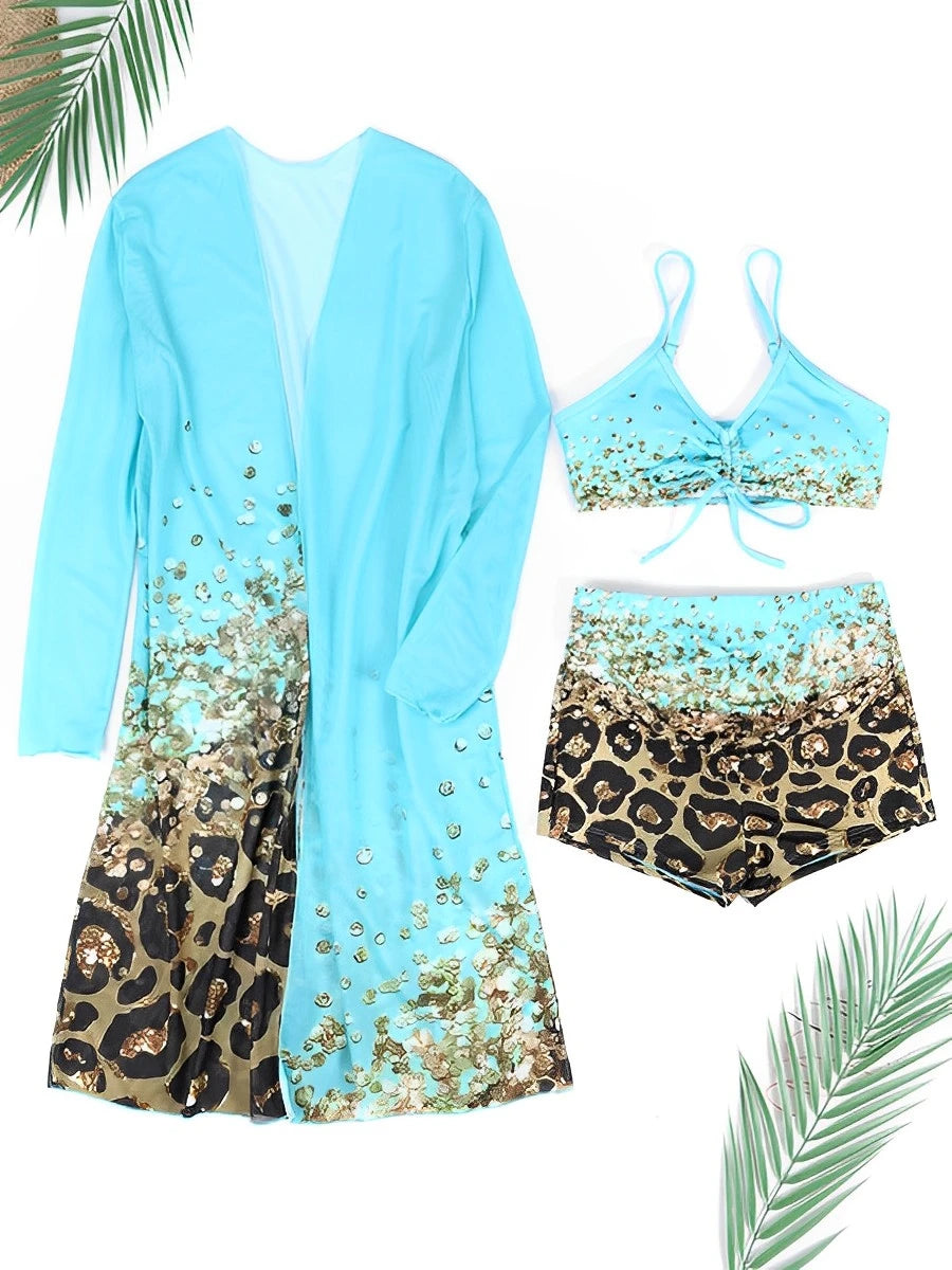 Bikini Mujer 2025 | 3 Piezas Alta Cintura Estampado con Kimono Playa