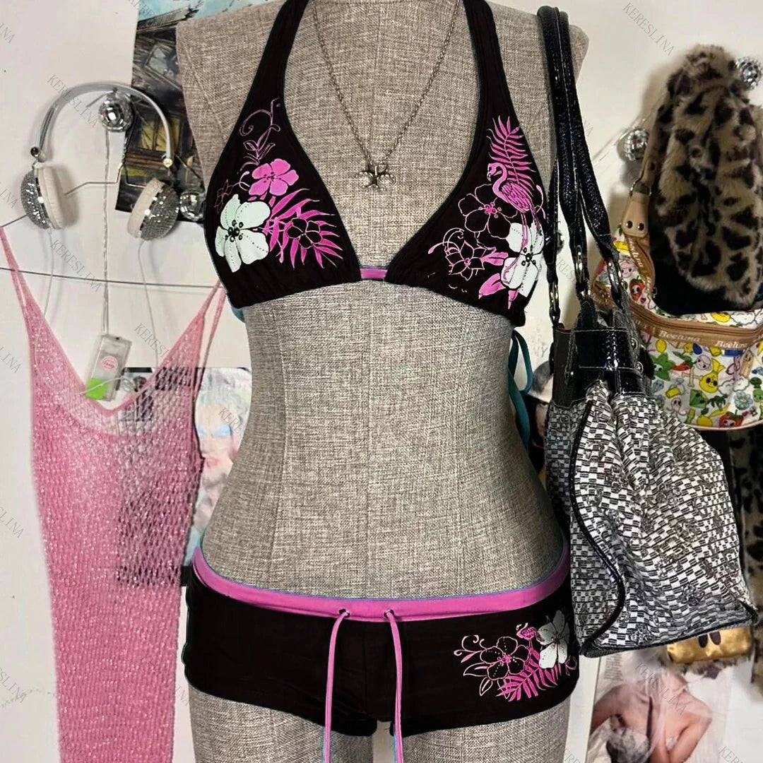 Bikini Vintage Y2K Mujer | 2 Piezas Estampado Flores Halter Playa