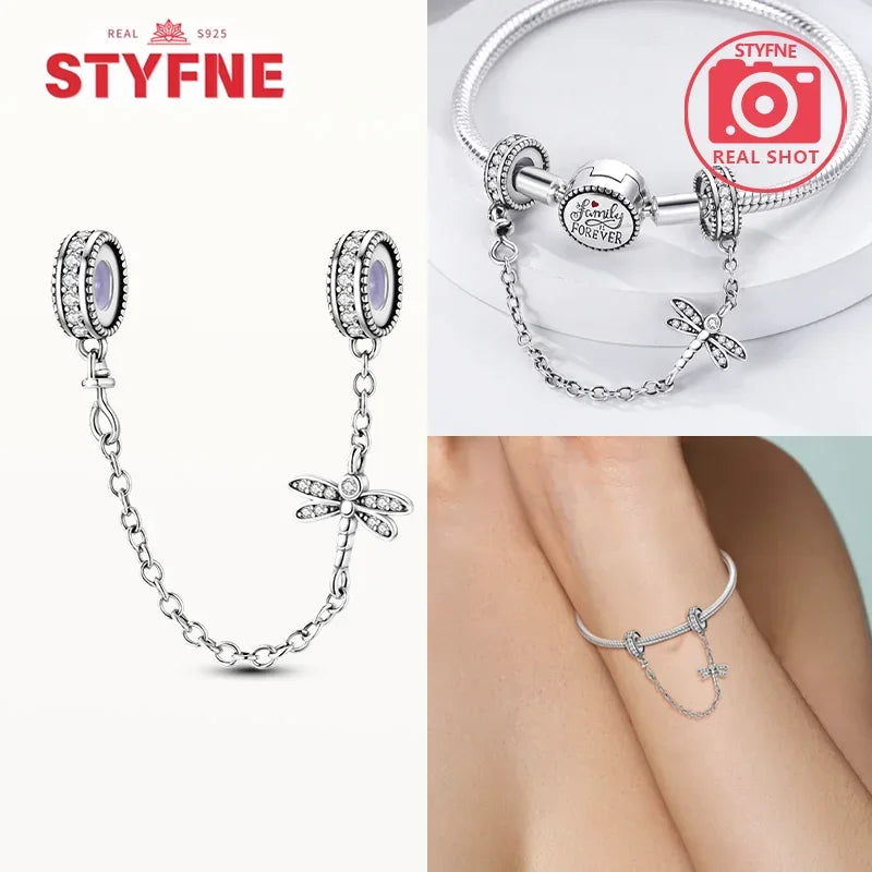 Charm Gato con Corazón de Plata 925 | Cadena de Seguridad para Pulseras Pandora Mujer