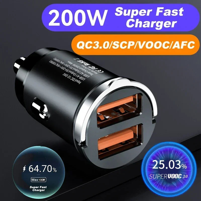 Cargador de Coche USB 200W – Carga Rápida PD QC3.0 Tipo C para iPhone, Samsung, Xiaomi, Huawei, Adaptador USB-C Quick Charge
