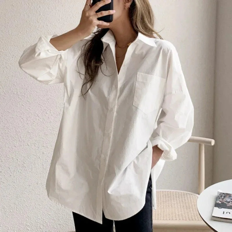Blusa Mujer Elegante Oficina | Camisa Blanca Casual Algodón Manga Larga Cuello Camisero