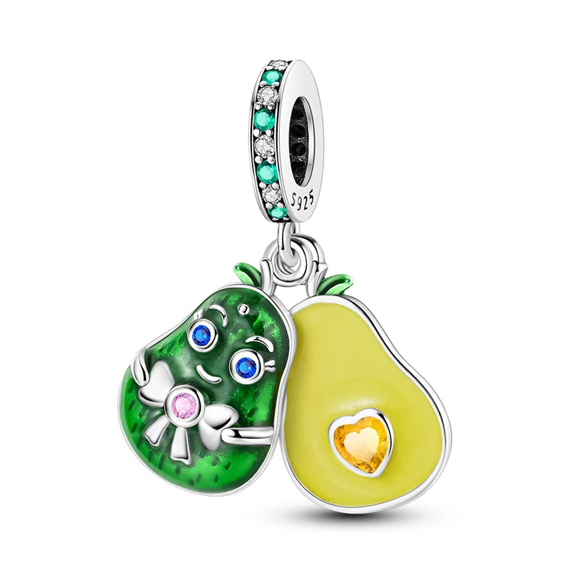 Charms de Plata 925 Frutas (Fresa, Cereza, Manzana y Aguacate) – Abalorios Coloridos para Pulseras Originales