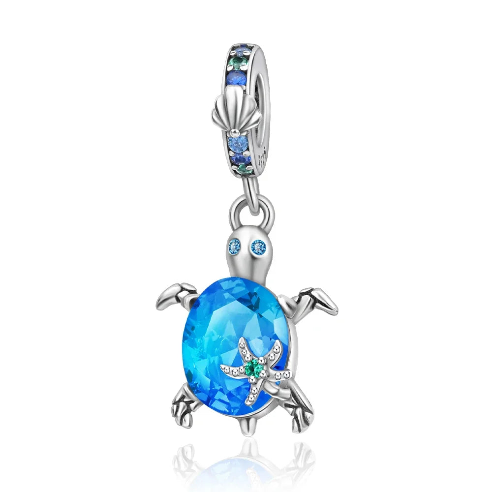 Charm Tortuga Marina con Circón Azul 925 Plata | Compatible Pandora Pulsera Mujer DIY