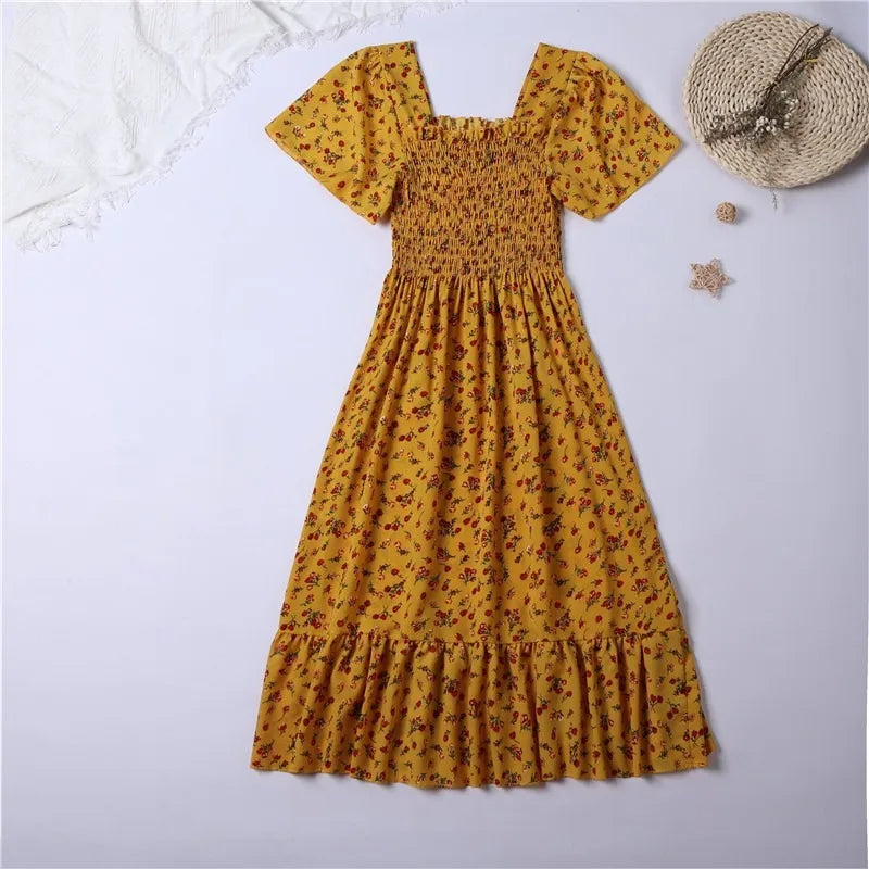Vestido Midi Chiffon Mujer | Vestido Floral con Cintura Elástica y Espalda Descubierta Verano Primavera
