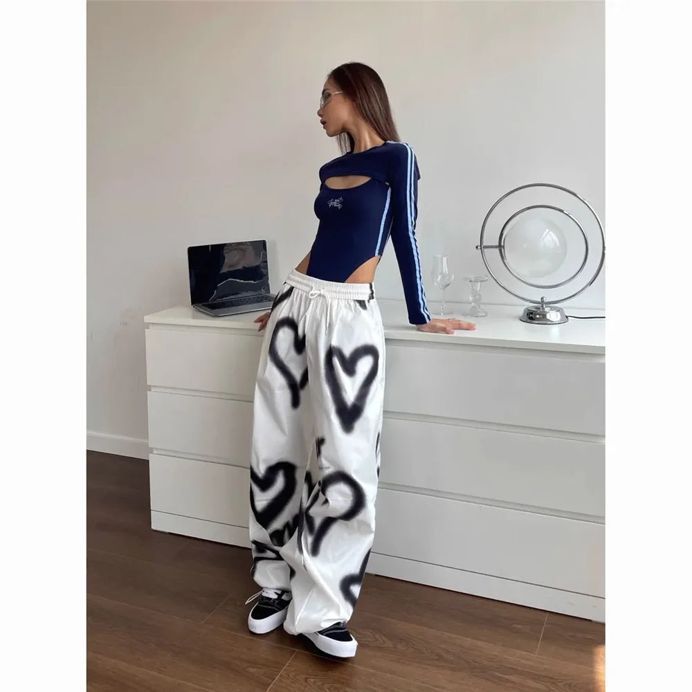 Pantalones Anchos Love Graffiti Mujer | Jogger Y2K Cintura Alta Elástica Streetwear Coreano