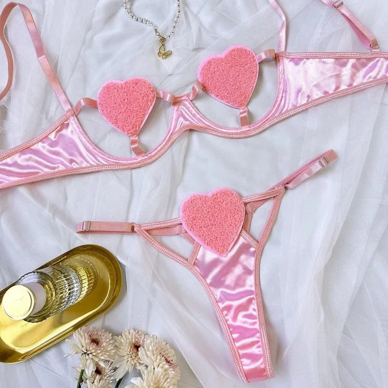 Conjunto Lencería Mujer 2025 | Cropped Rosa Sexy de Tres Piezas Estilo Novia