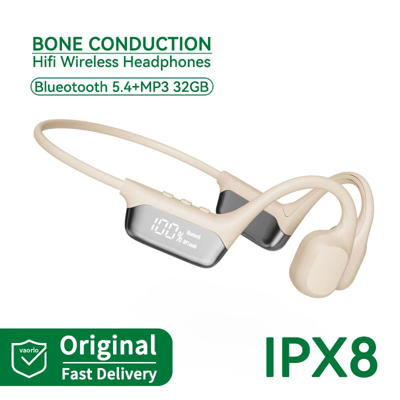Auriculares True Bone Conduction Bluetooth 5.4 – Inalámbricos, impermeables IPX8, MP3 32GB con micrófono y pantalla LED
