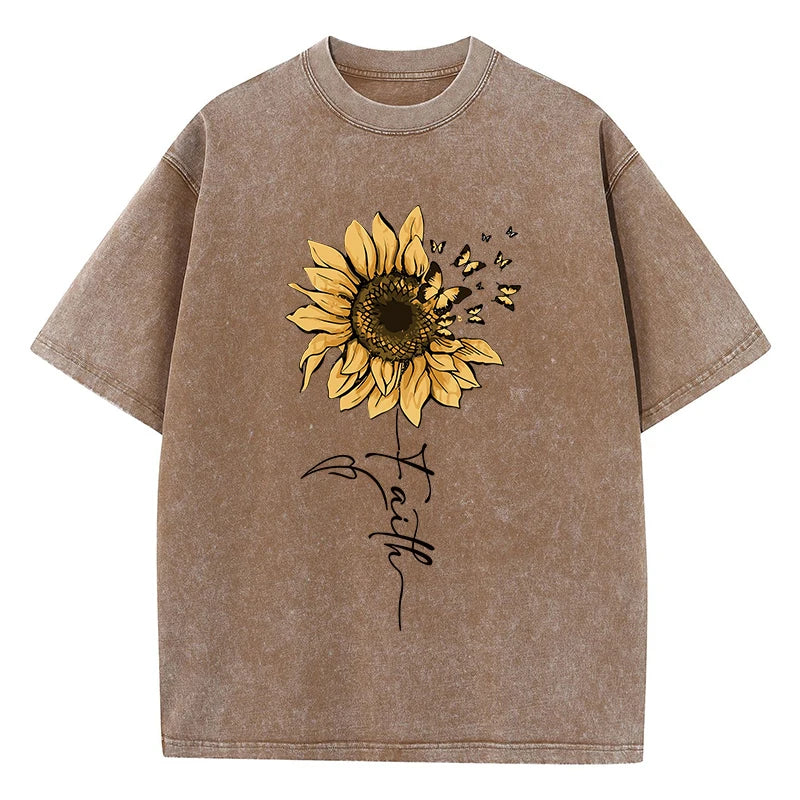 Camiseta Oversize Mujer Vintage Negra | Algodón Lavado Estampado Girasol y Mariposa