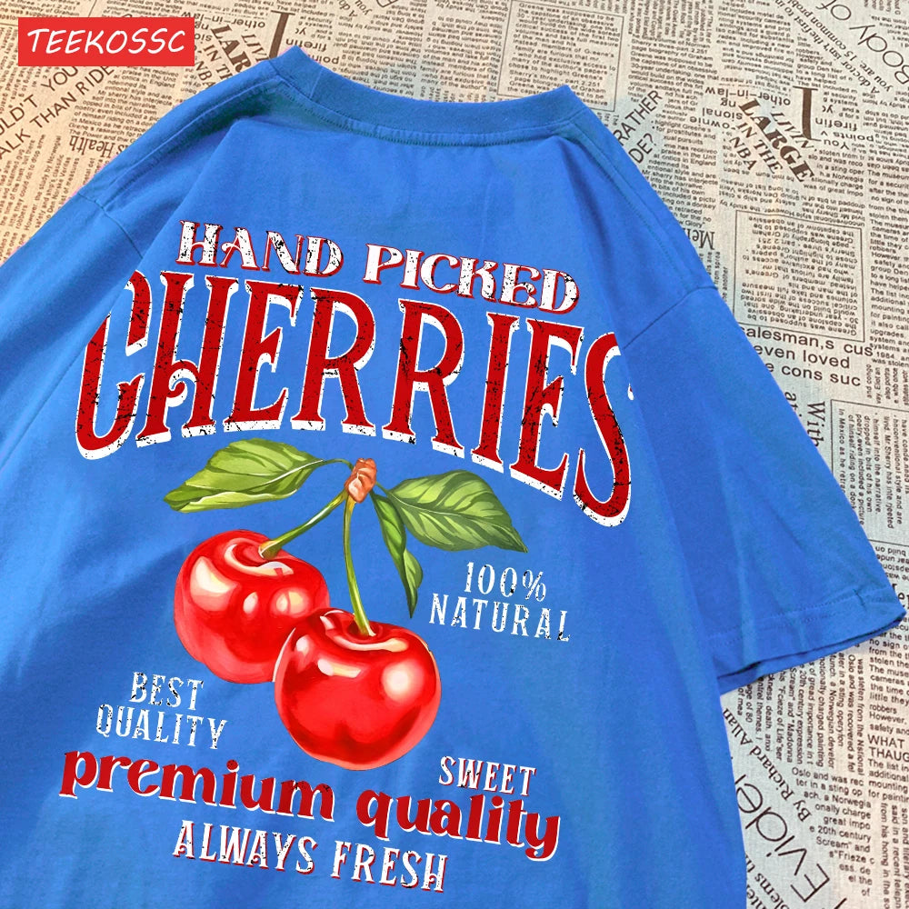 Camiseta Oversize Mujer Verano | Algodón Estampado Limones y Cerezas Casual