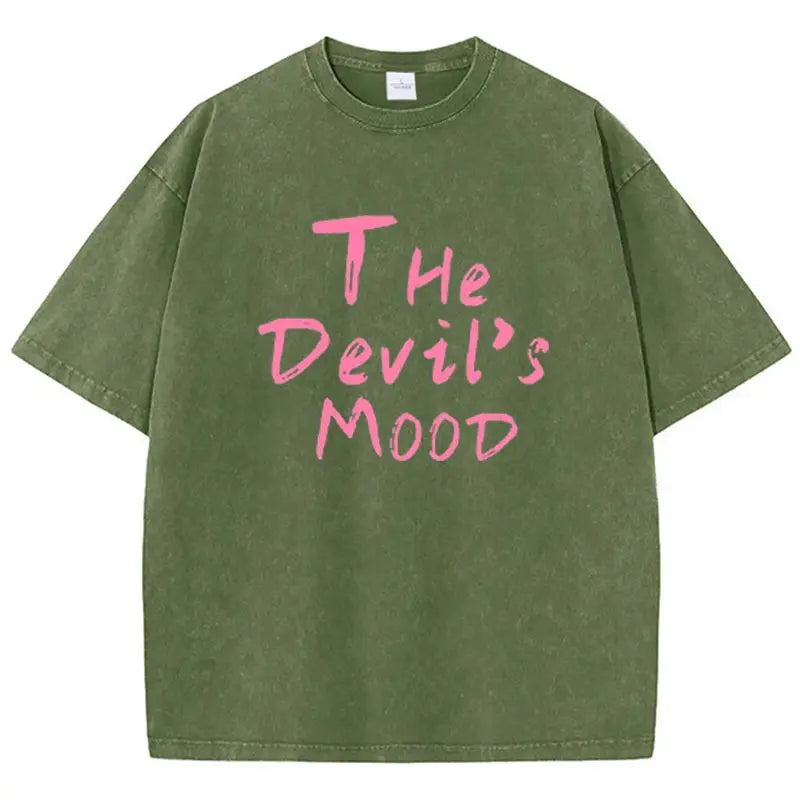 Camiseta Oversize Mujer Algodón Lavado | Estampado Letras The Devil’s Moon Casual Streetwear