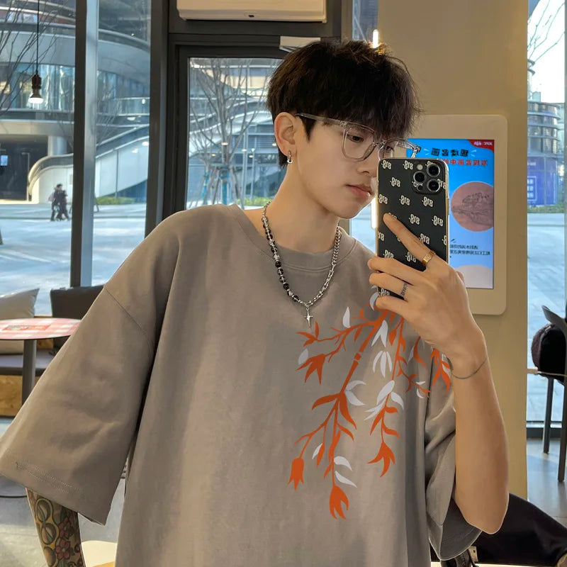 Camiseta Oversize de Algodón para Hombre | Estampado Bambú, Casual de Verano hasta 5XL