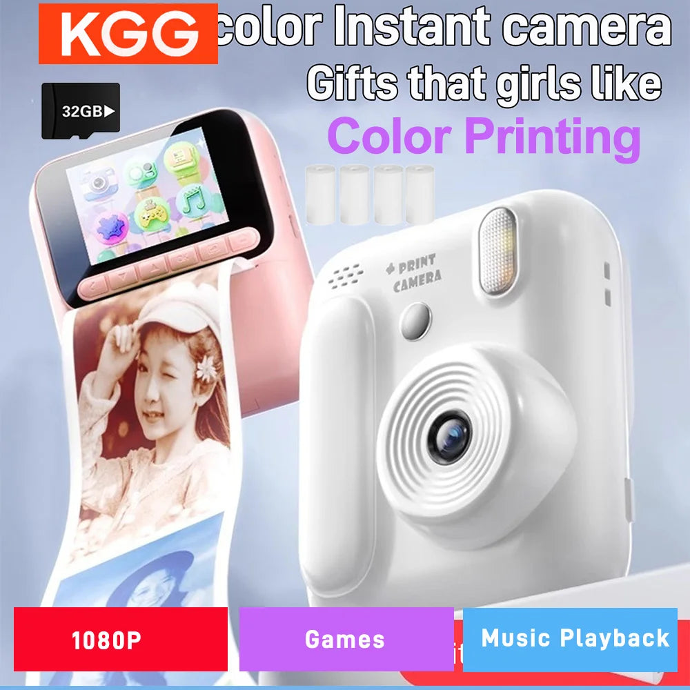 Cámara instantánea infantil a color – Cámara de fotos y video 1080P con impresión térmica, juegos y memoria 32GB para niños