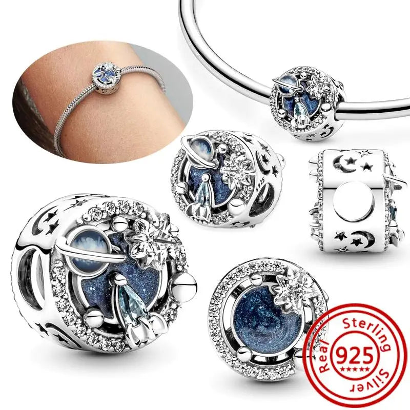 Charm Espacio y Galaxia en Plata 925 – Abalorios Astronauta, Planeta y Estrellas para Pulsera Original Mujer