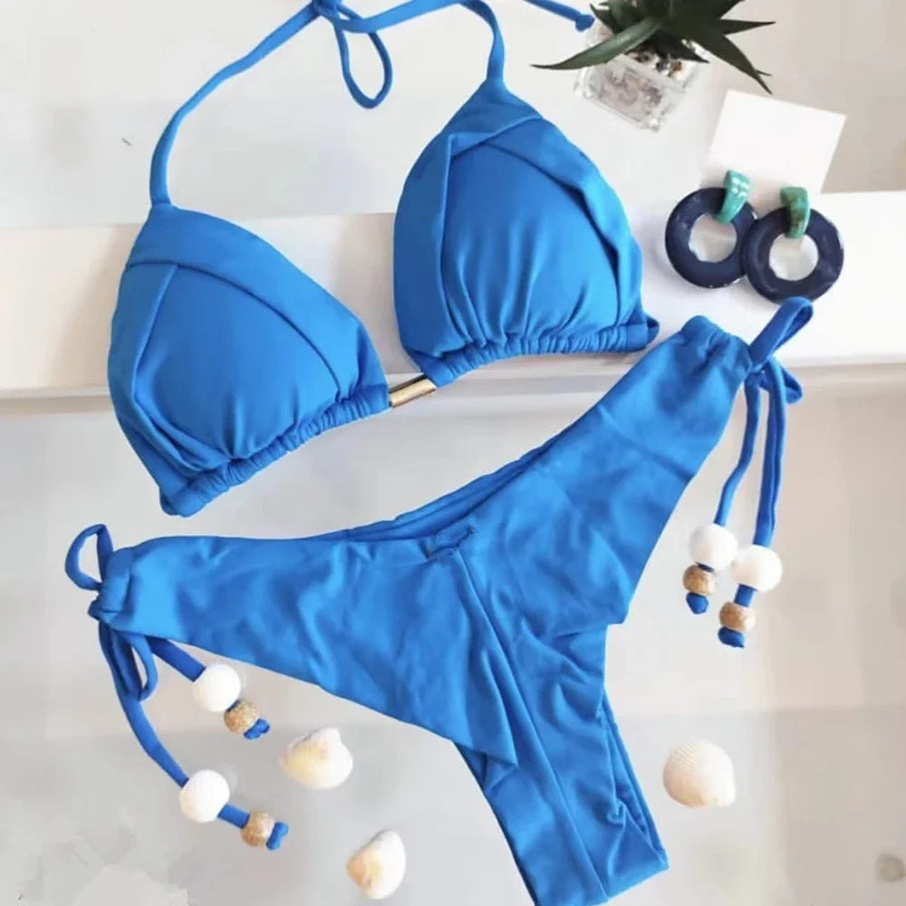 Bikini Sexy Mujer 2025 | Brasileño Push-Up Triángulo con Cadena Metálica