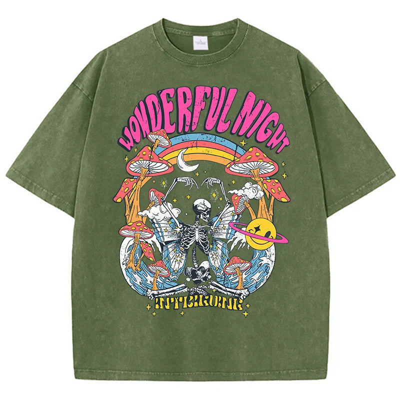 Camiseta Oversize Mujer Vintage | Estampado Esqueleto Mariposa Olas Streetwear