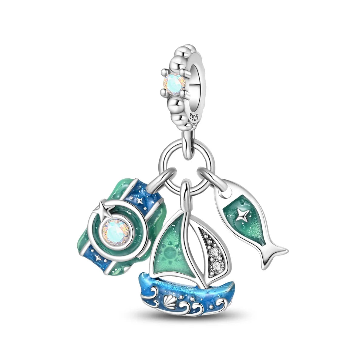 Charm de Plata 925 Trébol Azul Degradado y Flor Iris Rosa – Abalorio Elegante para Pulseras Originales