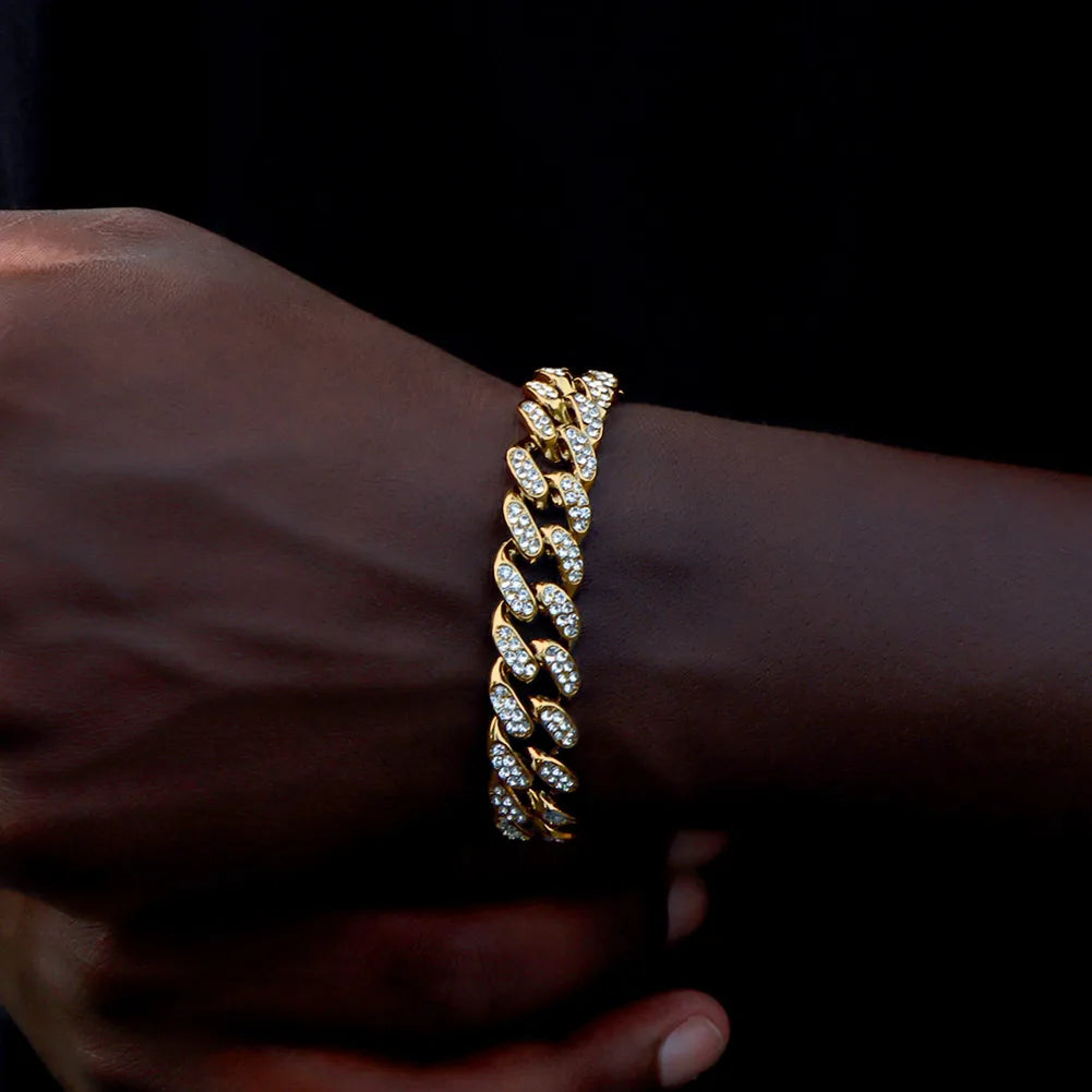 Pulsera Cuban Chain Iced Prong 14mm – Rhinestones Brillantes para Hombre y Mujer
