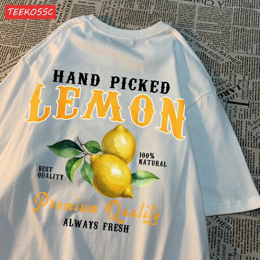 Camiseta Oversize Mujer Verano | Algodón Estampado Limones y Cerezas Casual