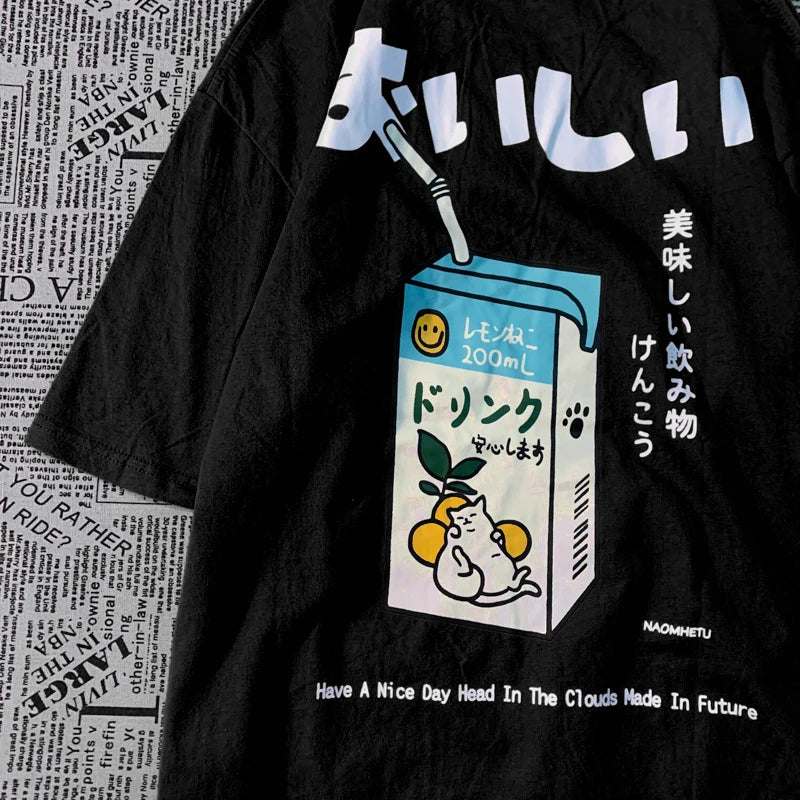 Camiseta Oversized Gato Japonés | Hombre y Mujer | Manga Corta Casual Streetwear Algodón Harajuku