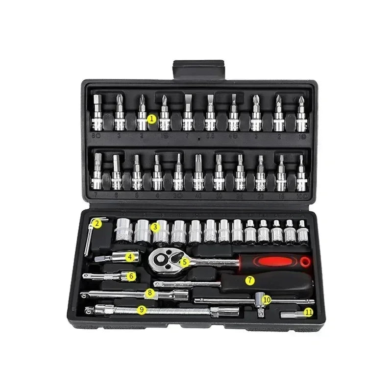 46/53pcs Juego de Dados y Llaves de Trinquete 1/4” – Kit de Herramientas Mecánicas para Reparación de Autos