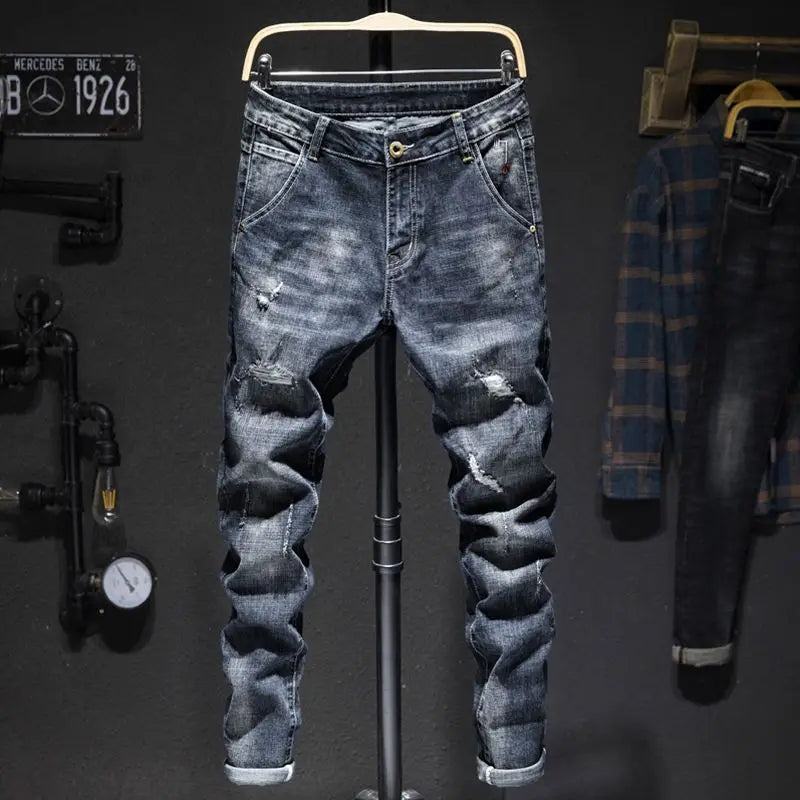 Jeans Hombre High Street | Pantalón Slim Fit Ripped Recto Elástico Streetwear Todo el Año 2025