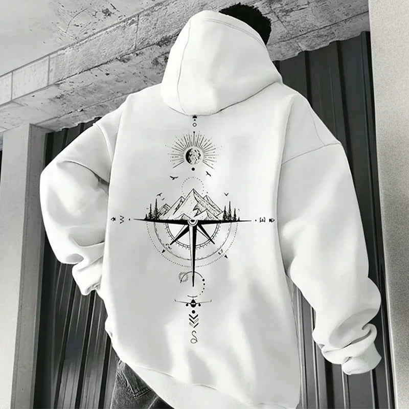 Hoodie Vintage Brújula – Sudadera con Capucha Hombre, Manga Larga, Estilo Casual Deportivo