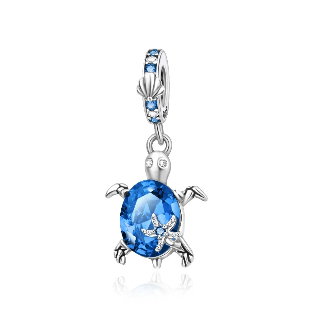 Charm Tortuga Marina con Circón Azul 925 Plata | Compatible Pandora Pulsera Mujer DIY