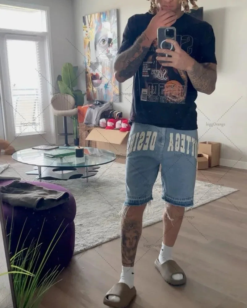 Shorts Oversize American Street Harajuku – Denim Retro con Bordado de Letras, Jeans Sueltos y Casual para Hombre y Mujer Y2K