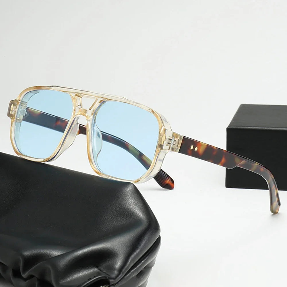 JNPCXI Gafas de Sol Vintage Hombre Doble Puente | Lentes Verdes UV400 Cuadradas con Detalles de Remaches