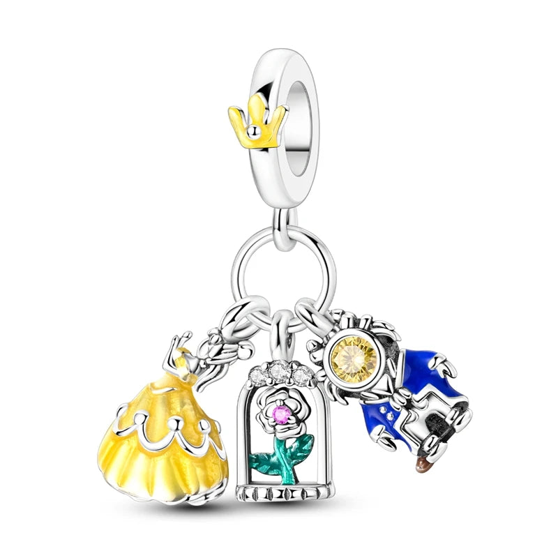 Charm de Plata 925 Trébol Azul Degradado y Flor Iris Rosa – Abalorio Elegante para Pulseras Originales