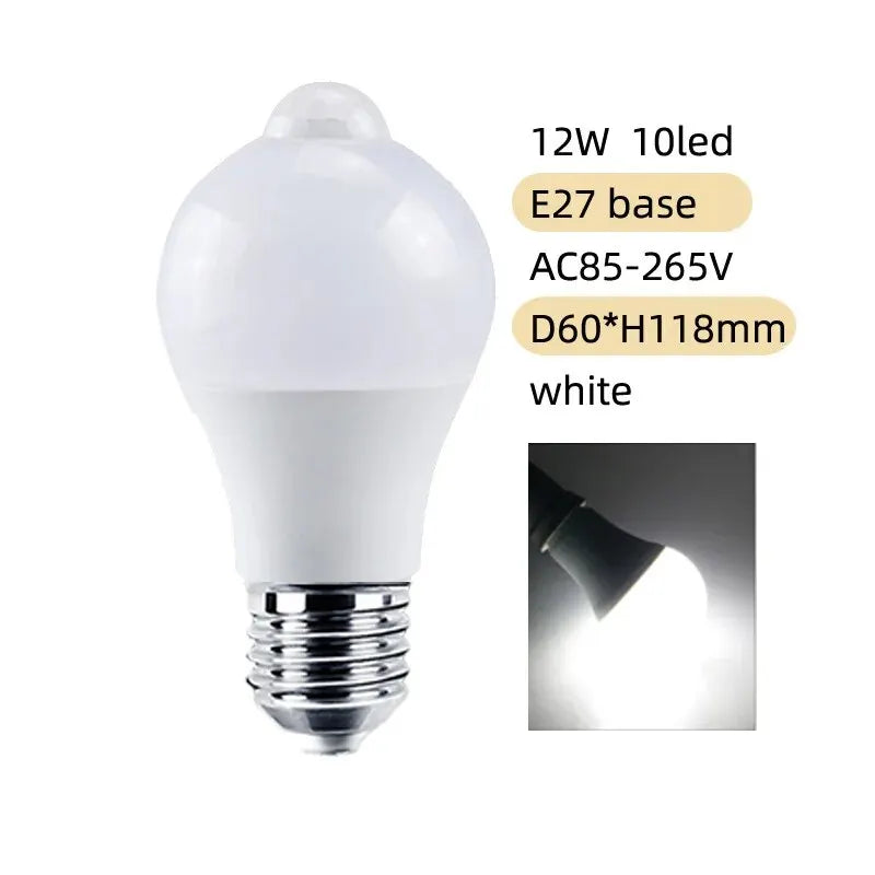 Bombilla LED E27 12W con sensor de movimiento PIR – Auto ON/OFF, luz cálida o blanca para hogar, garaje y exteriores