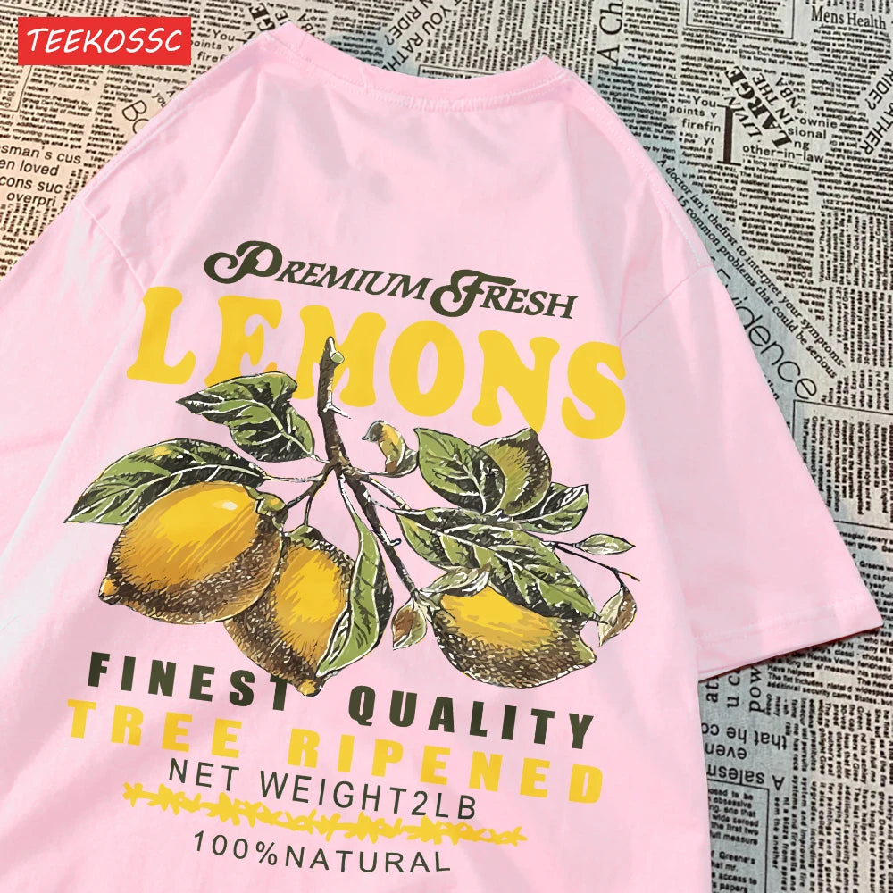 Camiseta Oversize Mujer Verano | Algodón Estampado Limones y Cerezas Casual