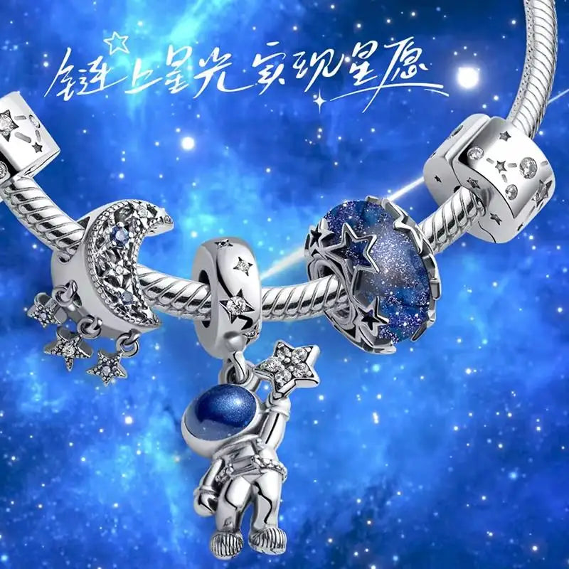 Charm Espacio y Galaxia en Plata 925 – Abalorios Astronauta, Planeta y Estrellas para Pulsera Original Mujer