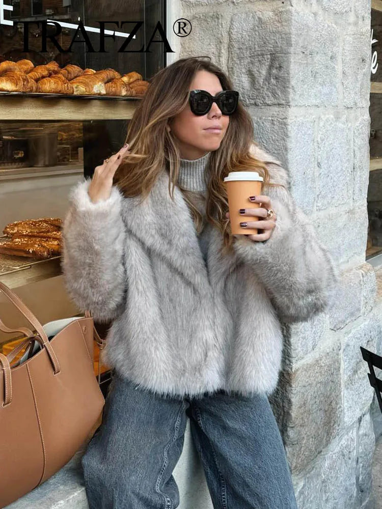 Chaqueta Corta Mujer Invierno | Abrigo Pelo Sintético con Cuello Solapa y Botones Snap Chic Elegante