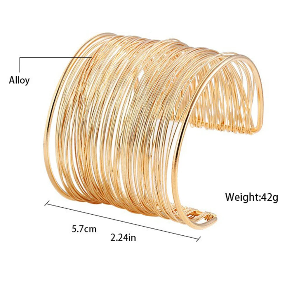 Brazalete Vintage Dorado Ancho | Pulsera Cuff de Alambre en Capas para Mujer Estilo Punk
