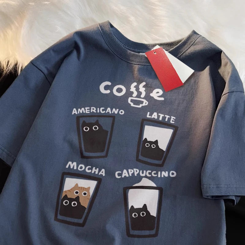 Camiseta Oversize Unisex | Estampado Gatito Café Crema Verano Streetwear