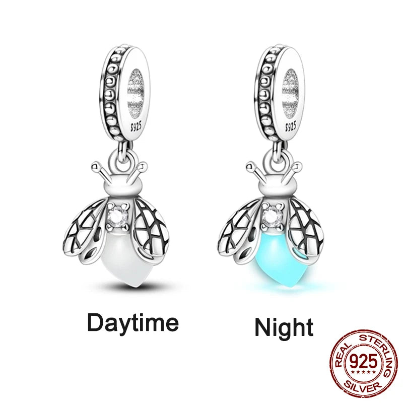 Charm camaleón y luciérnaga que brilla en la oscuridad – Plata 925 para pulsera tipo Pandora, joyería DIY única