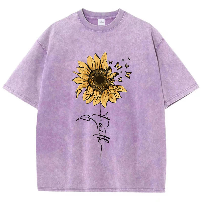 Camiseta Oversize Mujer Vintage Negra | Algodón Lavado Estampado Girasol y Mariposa