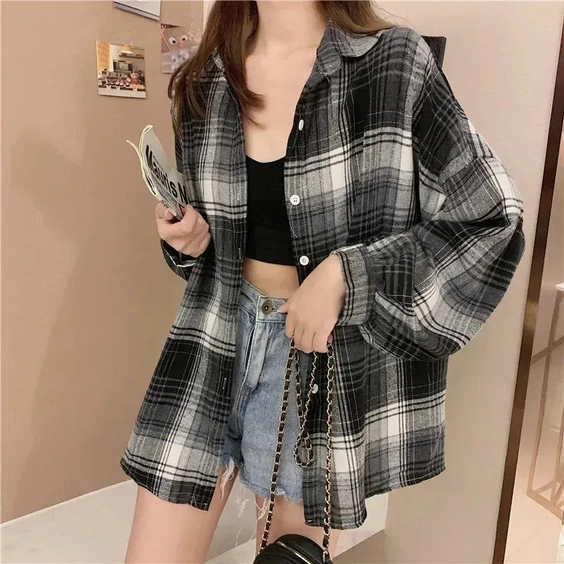 Camisa de Cuadros Mujer | Blusa Vintage Manga Larga Suelta Estilo Preppy Otoño